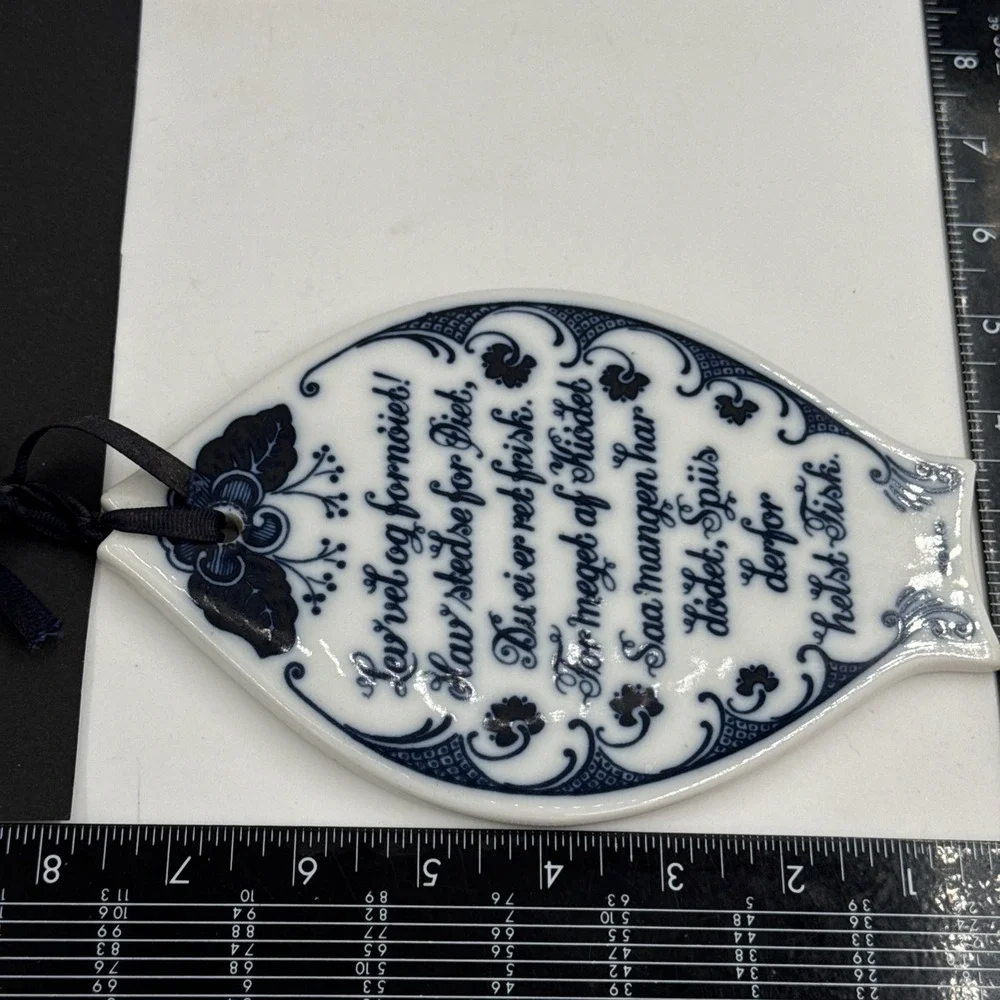 Vintage Porsgrund Norway Blue &‎ White Porcelain Fish Trivet w/Wessel Poem 1960s